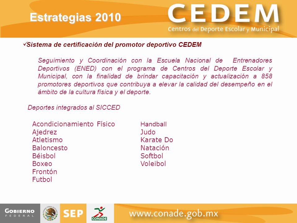Estrategias 2010 Sistema de certificación del promotor deportivo CEDEM
