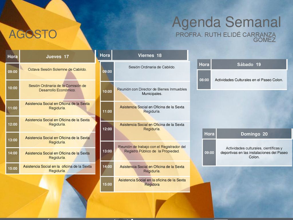 Agenda Semanal AGOSTO Cabildo Torreón PROFRA. RUTH ELIDÉ CARRANZA