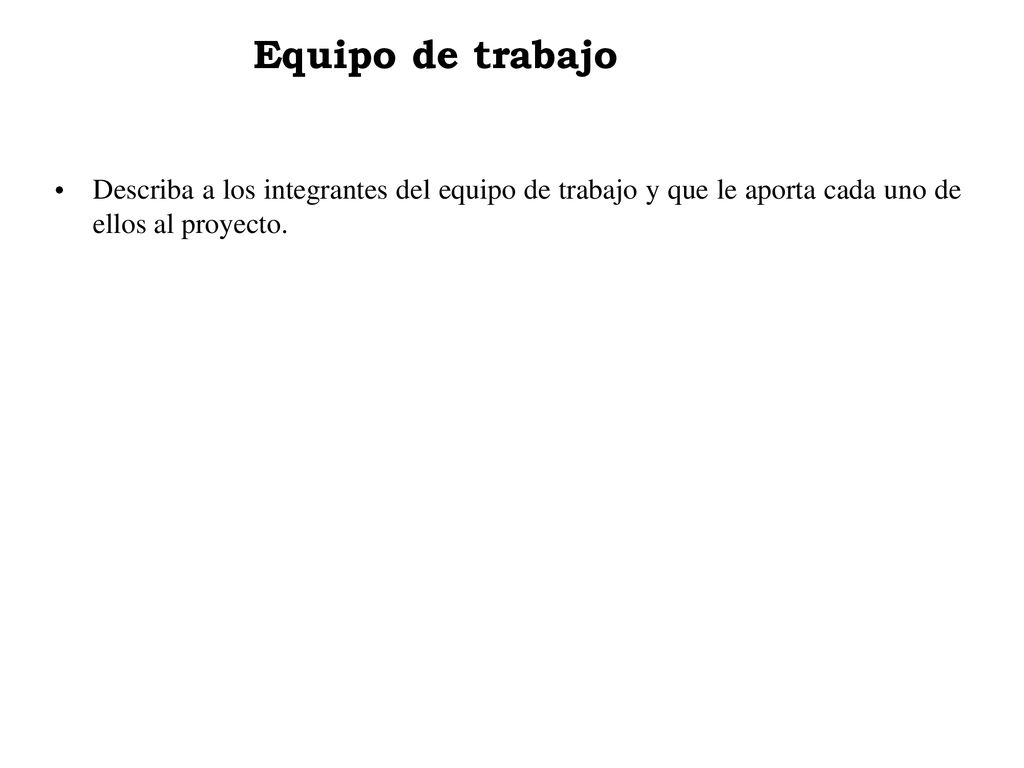 Equipo de trabajo Describa a los integrantes del equipo de trabajo y que le aporta cada uno de ellos al proyecto.