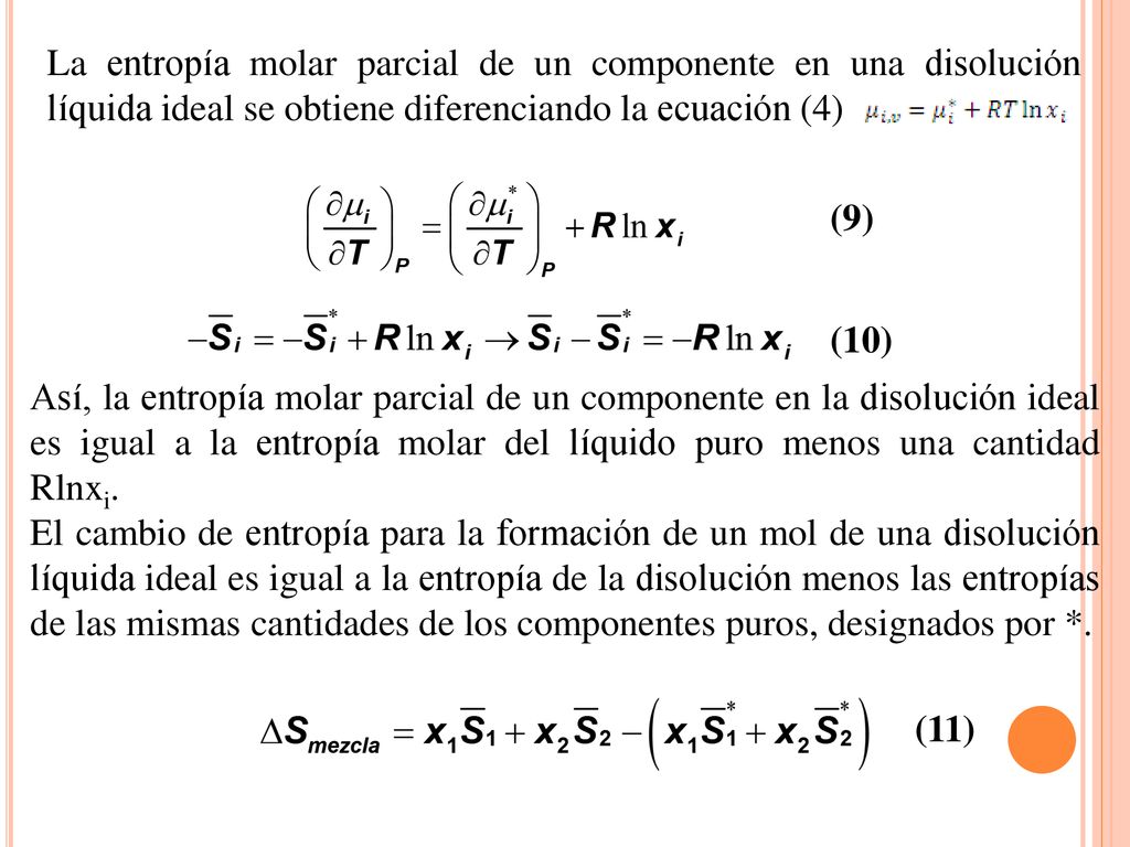 La entropía molar parcial de un componente en una disolución líquida ideal se obtiene diferenciando la ecuación (4)