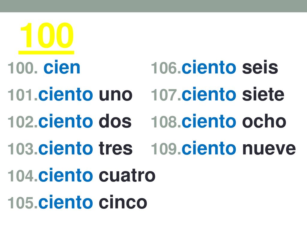 100 cien ciento uno ciento dos ciento tres ciento cuatro ciento cinco