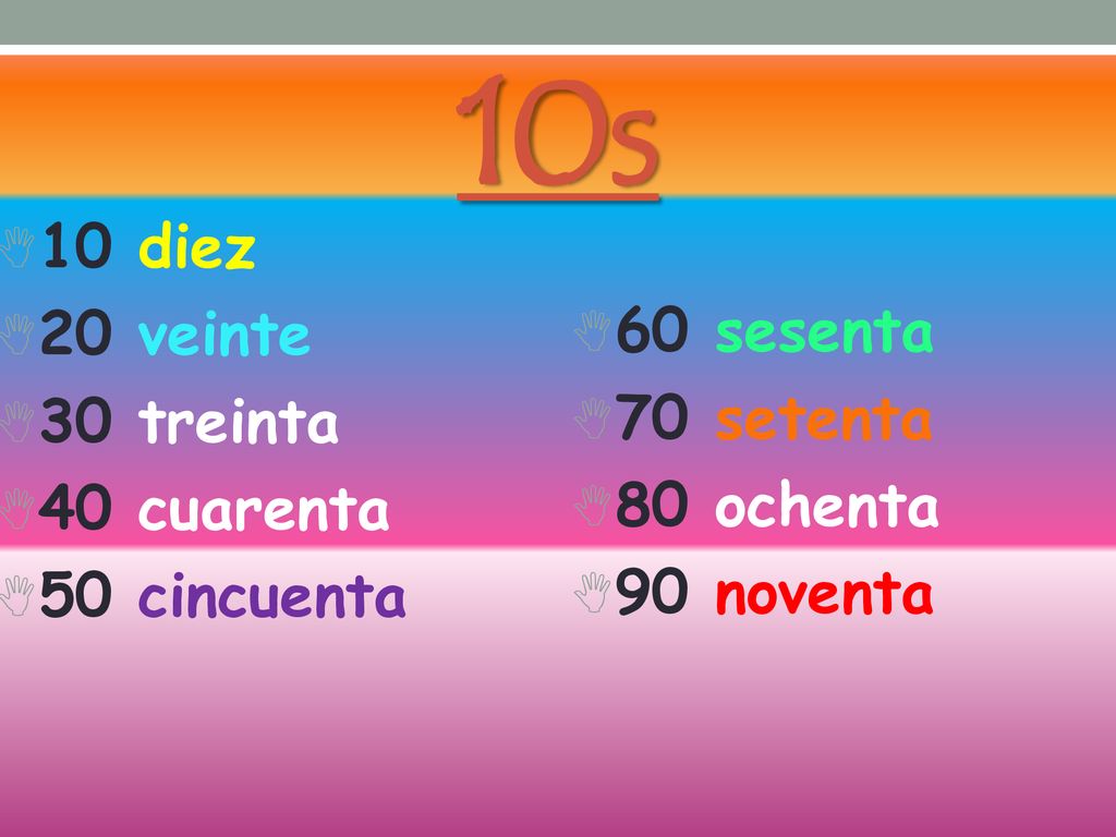 10s 10 diez 20 veinte 30 treinta 60 sesenta 70 setenta 40 cuarenta