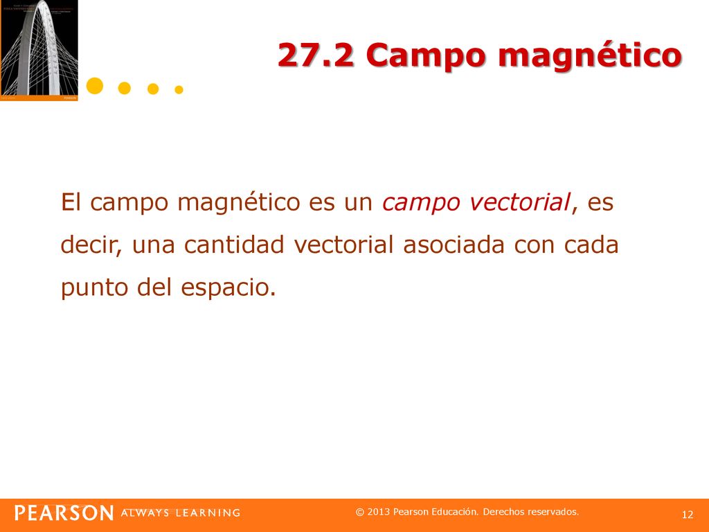 27.2 Campo magnético El campo magnético es un campo vectorial, es decir, una cantidad vectorial asociada con cada punto del espacio.