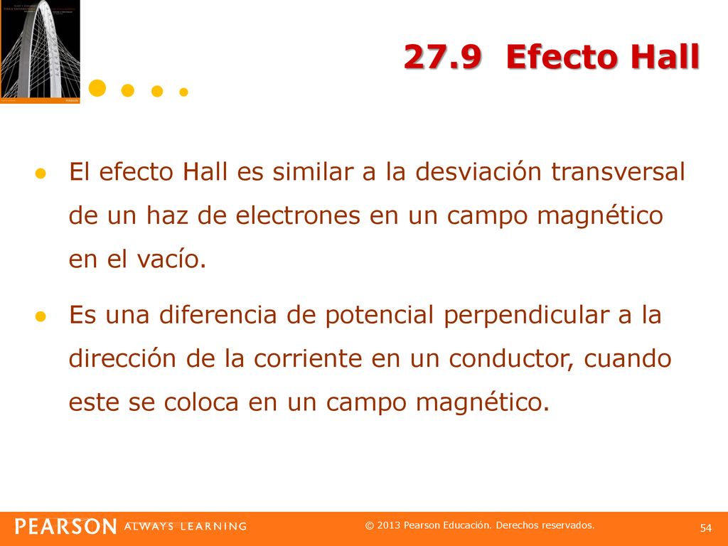 27.9 Efecto Hall El efecto Hall es similar a la desviación transversal de un haz de electrones en un campo magnético en el vacío.