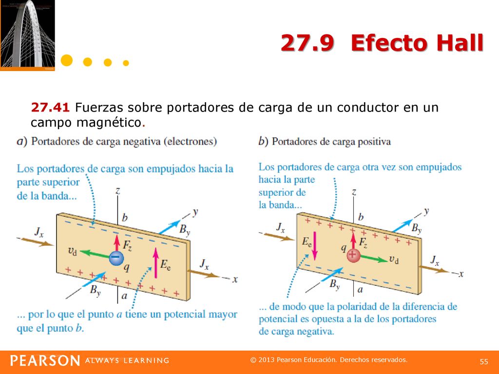27.9 Efecto Hall Fuerzas sobre portadores de carga de un conductor en un campo magnético.