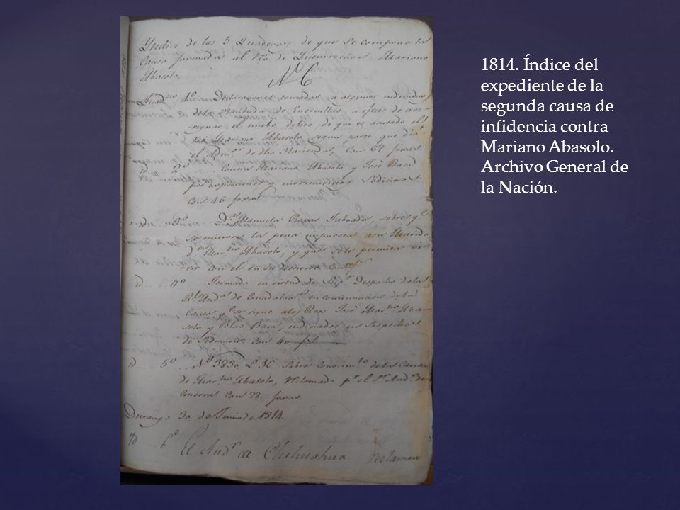 1814. Índice del expediente de la segunda causa de infidencia contra Mariano Abasolo.