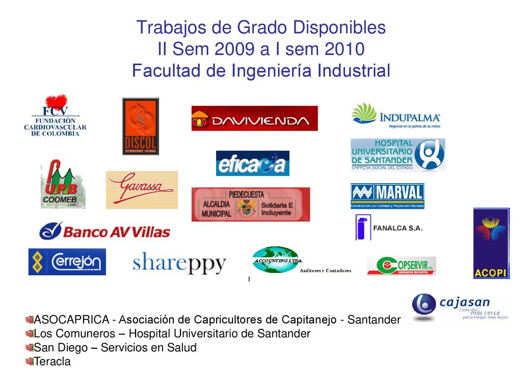 Trabajos de Grado Disponibles II Sem 2009 a I sem 2010 Facultad de Ingeniería Industrial