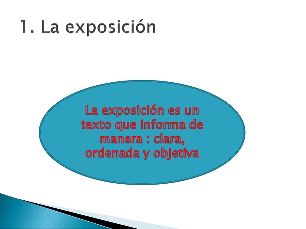 1. La exposición La exposición es un texto que informa de manera : clara, ordenada y objetiva