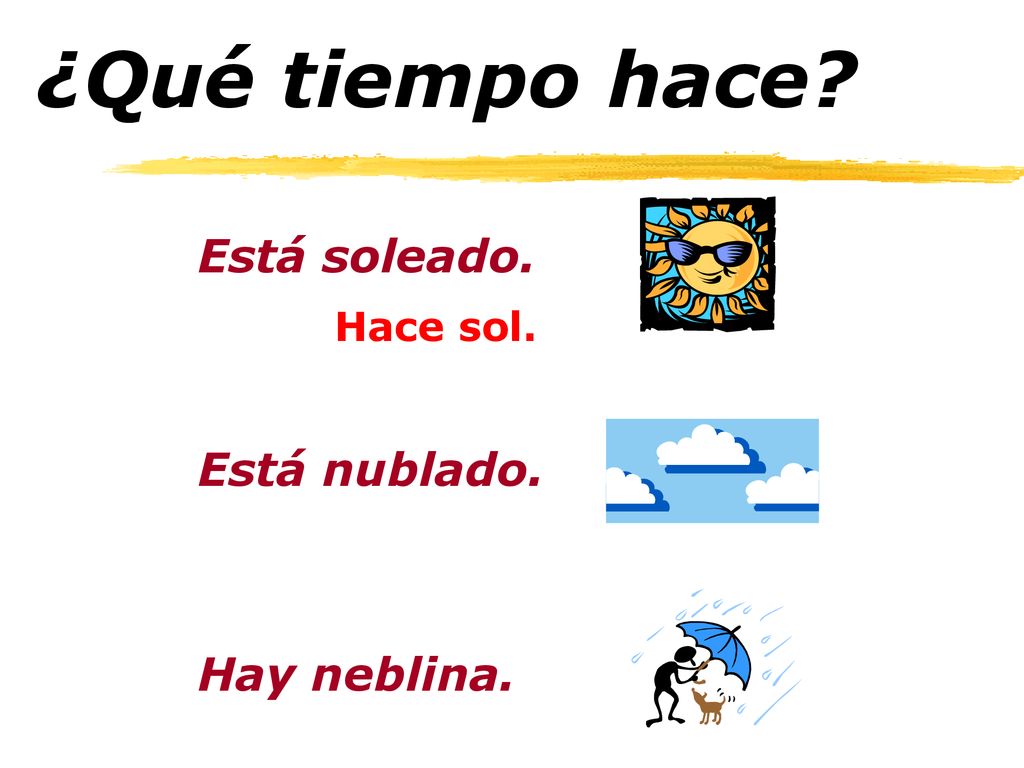 ¿Qué tiempo hace Está soleado. Hace sol. Está nublado. Hay neblina.