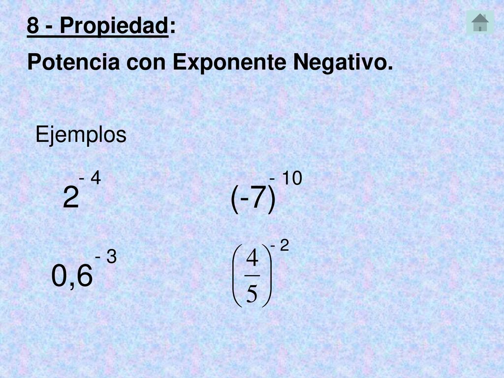 2 (-7) 0,6 8 - Propiedad: Potencia con Exponente Negativo. Ejemplos