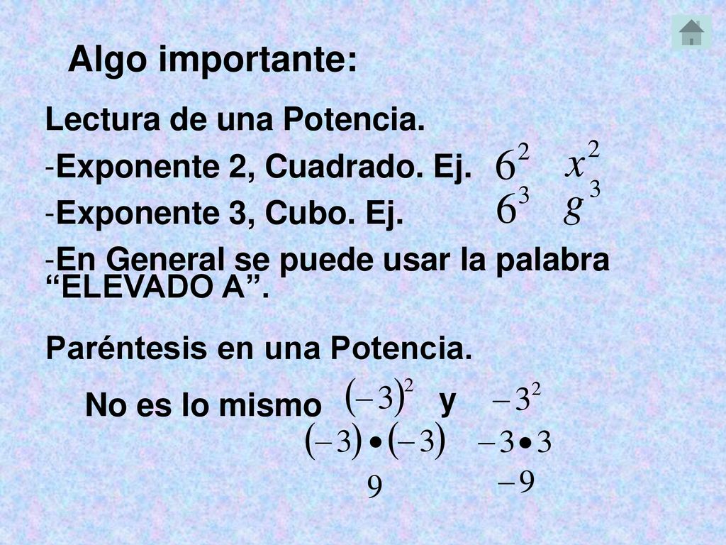 Algo importante: Lectura de una Potencia. Exponente 2, Cuadrado. Ej.