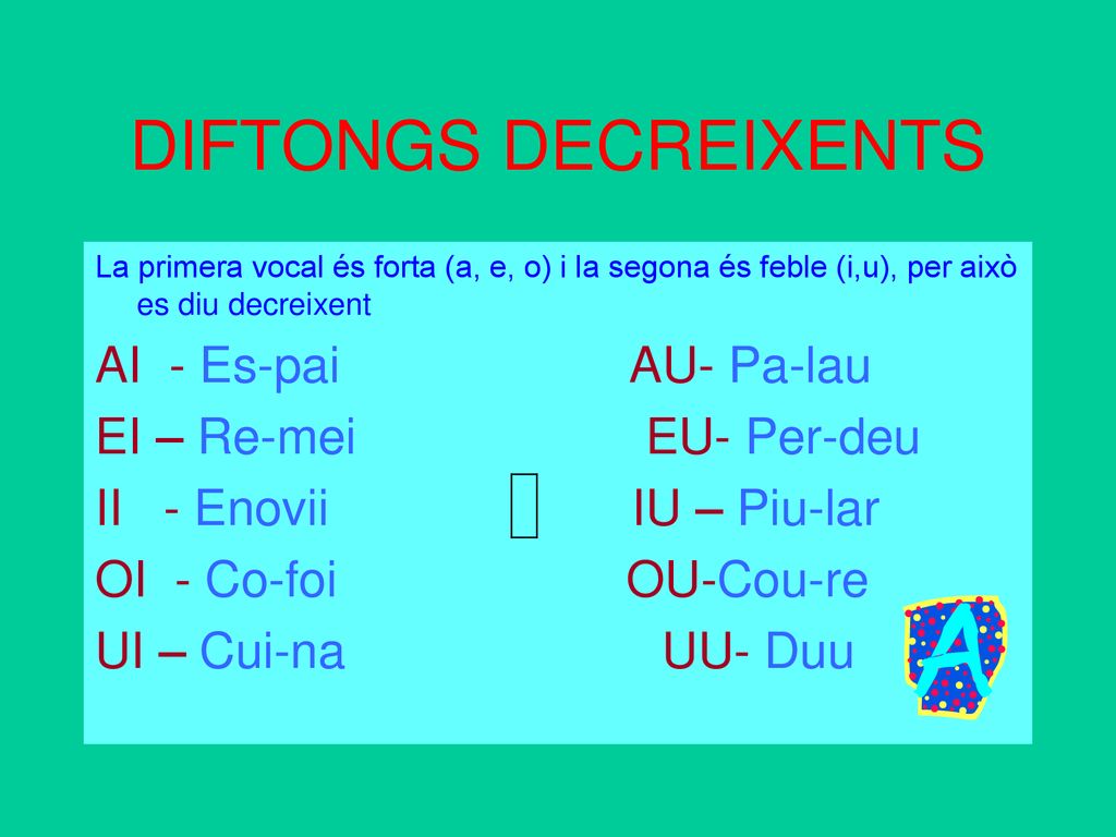 DIFTONGS DECREIXENTS AI - Es-pai AU- Pa-lau EI – Re-mei EU- Per-deu