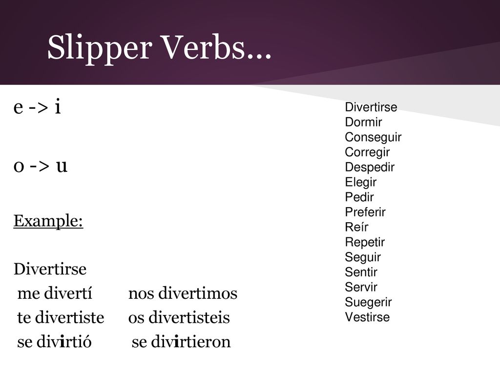 Slipper Verbs... e -> i o -> u Example: Divertirse