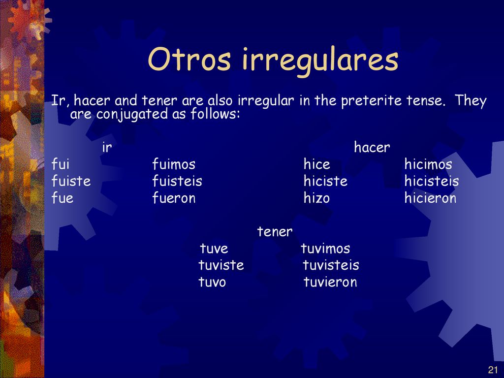 Otros irregulares Ir, hacer and tener are also irregular in the preterite tense. They are conjugated as follows: