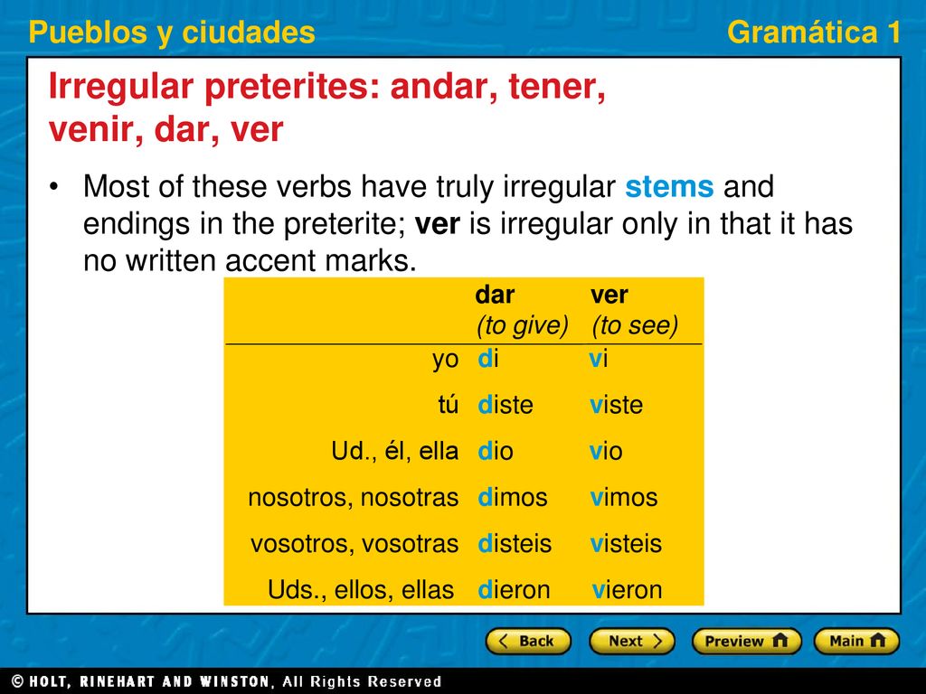 Irregular preterites andar tener venir dar ver ppt descargar