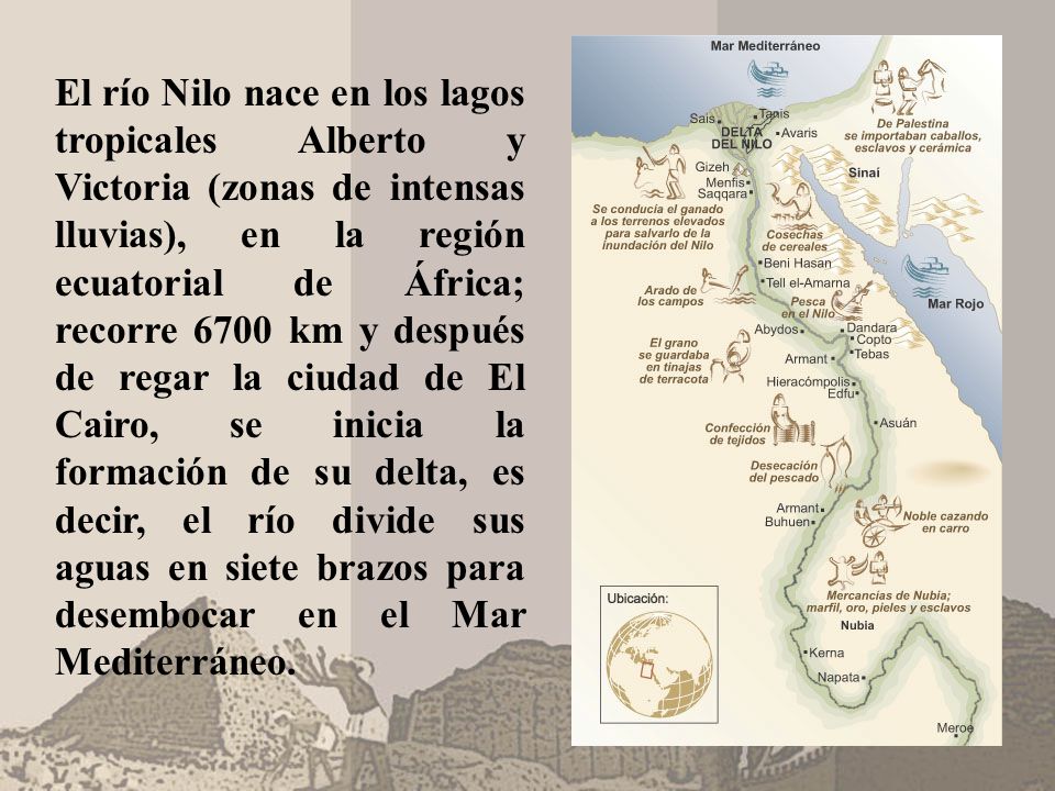 El río Nilo nace en los lagos tropicales Alberto y Victoria (zonas de intensas lluvias), en la región ecuatorial de África; recorre 6700 km y después de regar la ciudad de El Cairo, se inicia la formación de su delta, es decir, el río divide sus aguas en siete brazos para desembocar en el Mar Mediterráneo.