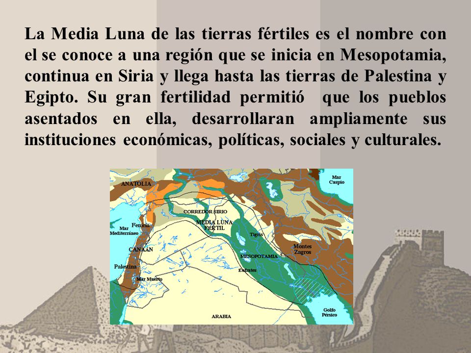 La Media Luna de las tierras fértiles es el nombre con el se conoce a una región que se inicia en Mesopotamia, continua en Siria y llega hasta las tierras de Palestina y Egipto.