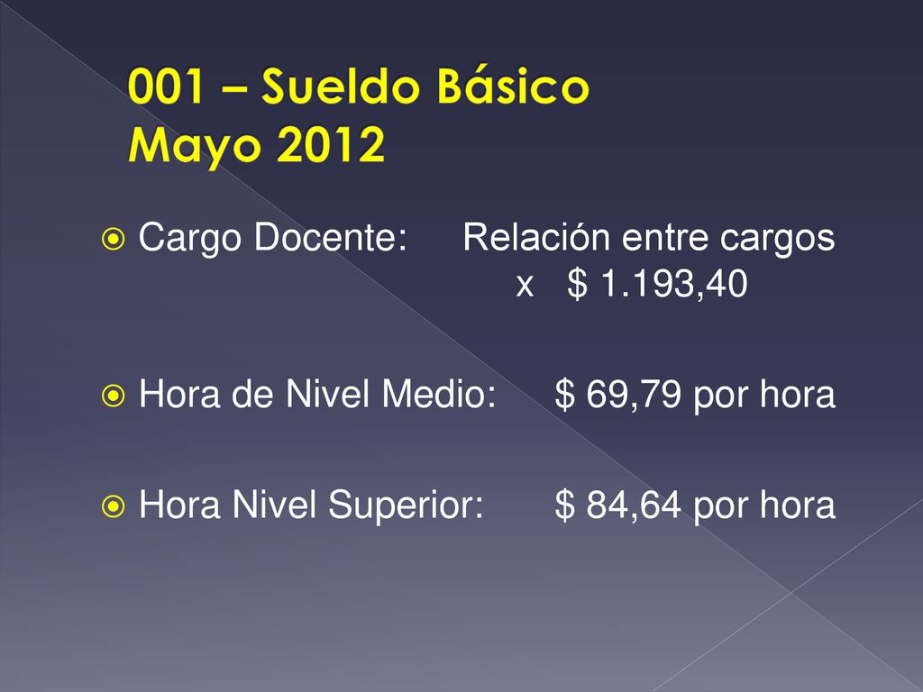 001 – Sueldo Básico Mayo 2012 Cargo Docente: Relación entre cargos x $ 1.193,40. Hora de Nivel Medio: $ 69,79 por hora.