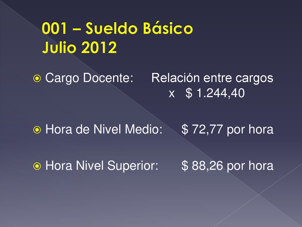 001 – Sueldo Básico Julio 2012 Cargo Docente: Relación entre cargos x $ 1.244,40. Hora de Nivel Medio: $ 72,77 por hora.