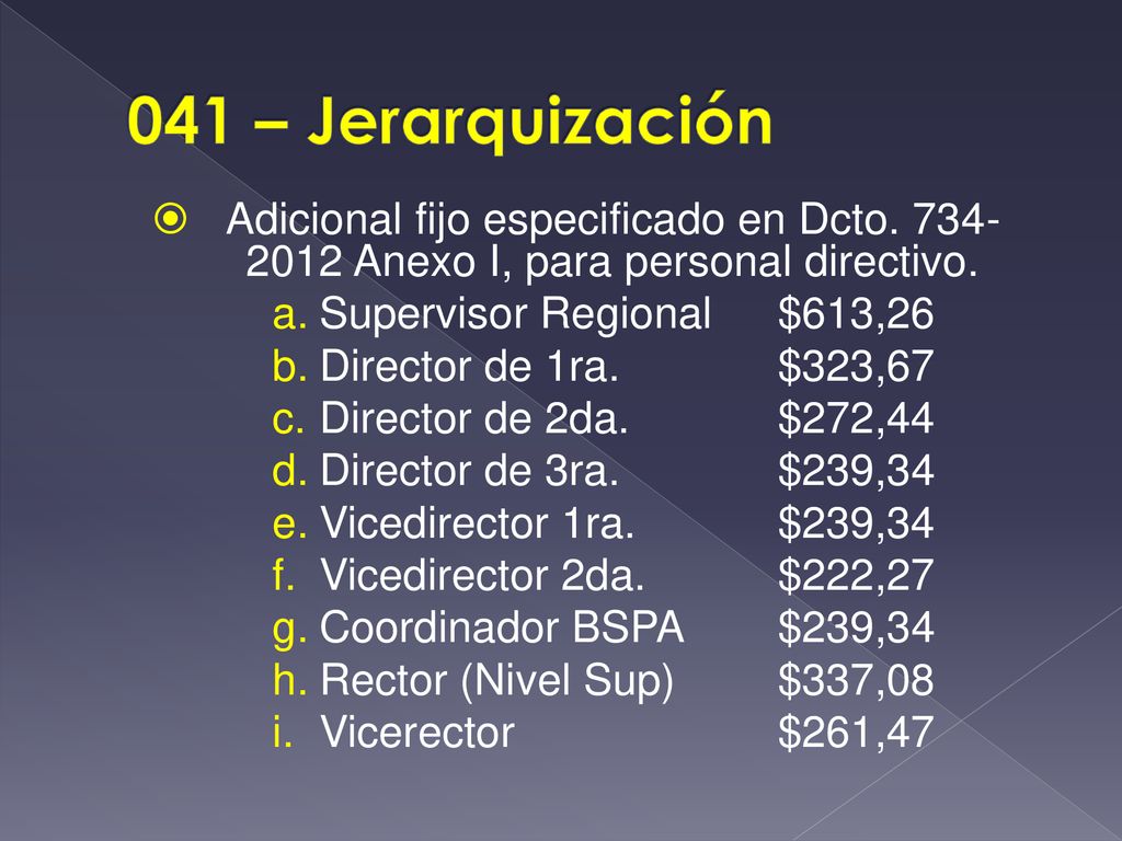 041 – Jerarquización Adicional fijo especificado en Dcto Anexo I, para personal directivo.