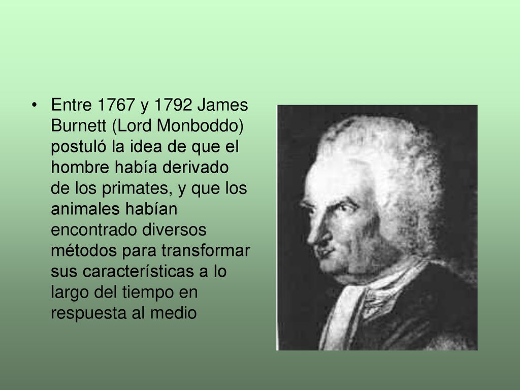 Entre 1767 y 1792 James Burnett (Lord Monboddo) postuló la idea de que el hombre había derivado de los primates, y que los animales habían encontrado diversos métodos para transformar sus características a lo largo del tiempo en respuesta al medio