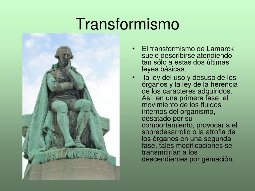 Transformismo El transformismo de Lamarck suele describirse atendiendo tan sólo a estas dos últimas leyes básicas: