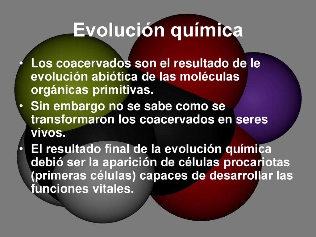 Evolución química Los coacervados son el resultado de le evolución abiótica de las moléculas orgánicas primitivas.