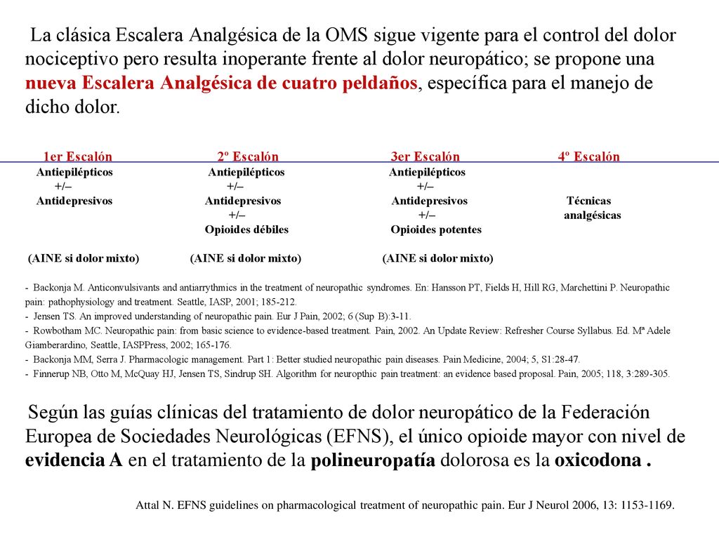 La clásica Escalera Analgésica de la OMS sigue vigente para el control del dolor nociceptivo pero resulta inoperante frente al dolor neuropático; se propone una nueva Escalera Analgésica de cuatro peldaños, específica para el manejo de dicho dolor.