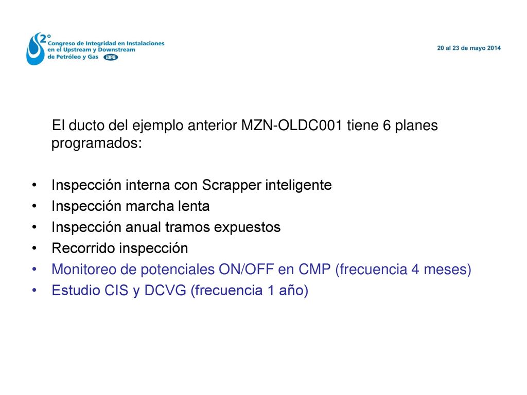 El ducto del ejemplo anterior MZN-OLDC001 tiene 6 planes programados: