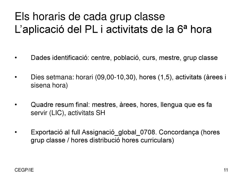 Els horaris de cada grup classe L’aplicació del PL i activitats de la 6ª hora