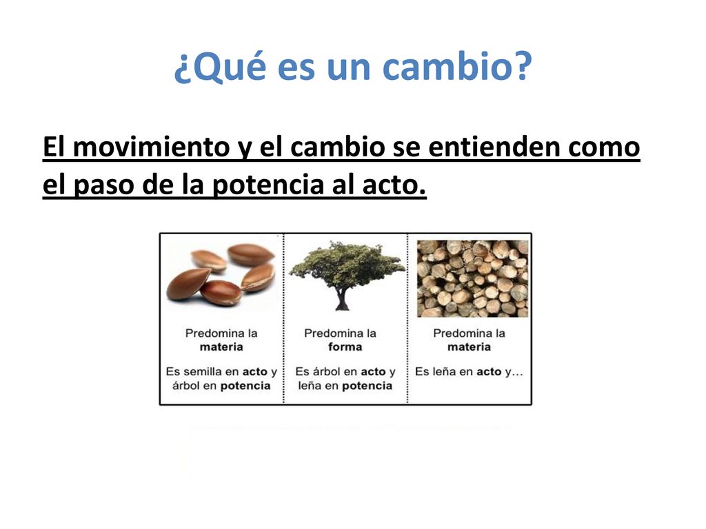 ¿Qué es un cambio El movimiento y el cambio se entienden como el paso de la potencia al acto.