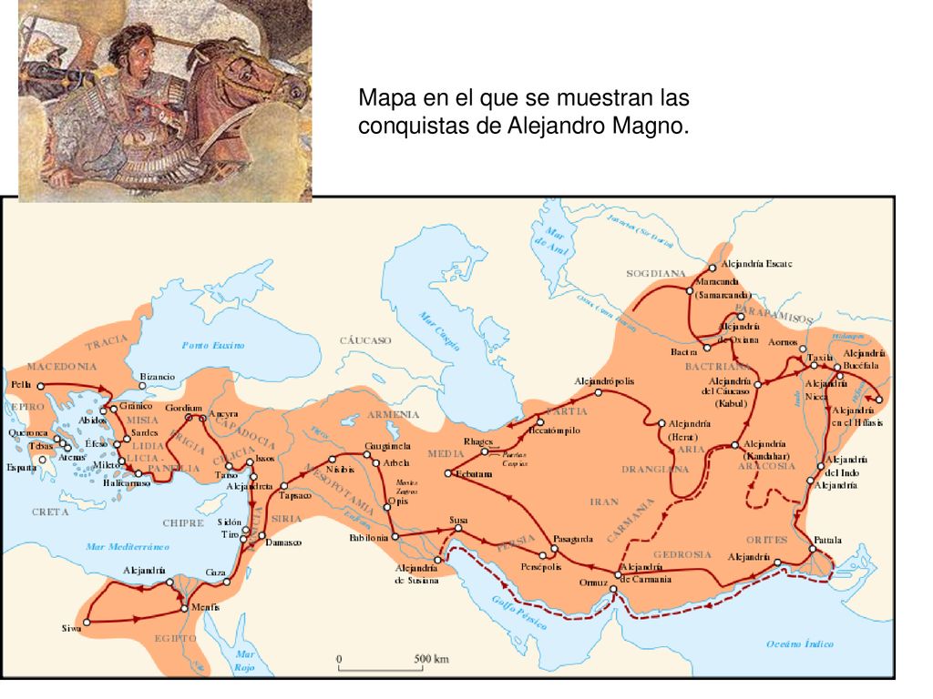 Mapa en el que se muestran las conquistas de Alejandro Magno.