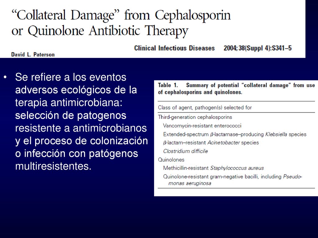 Se refiere a los eventos adversos ecológicos de la terapia antimicrobiana: selección de patogenos resistente a antimicrobianos y el proceso de colonización o infección con patógenos multiresistentes.