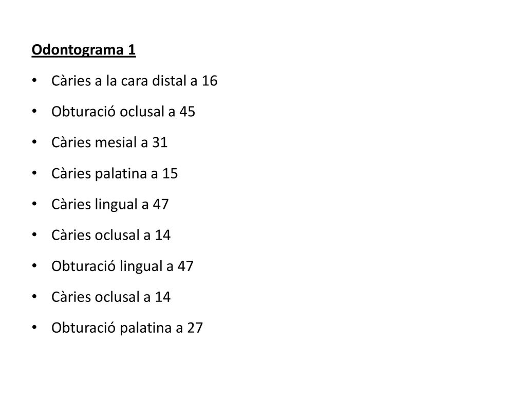 Odontograma 1 Càries a la cara distal a 16. Obturació oclusal a 45. Càries mesial a 31. Càries palatina a 15.