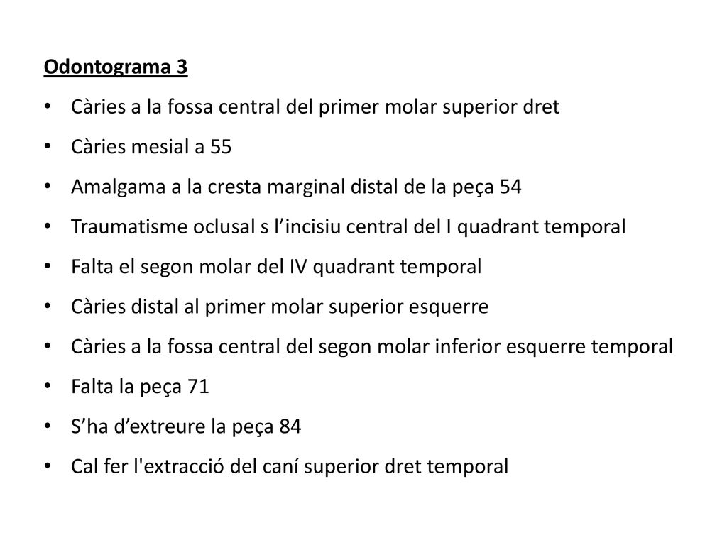 Odontograma 3 Càries a la fossa central del primer molar superior dret. Càries mesial a 55. Amalgama a la cresta marginal distal de la peça 54.