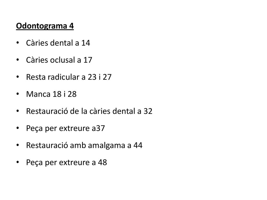 Odontograma 4 Càries dental a 14. Càries oclusal a 17. Resta radicular a 23 i 27. Manca 18 i 28.