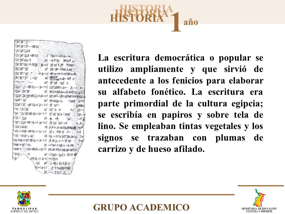 La escritura democrática o popular se utilizo ampliamente y que sirvió de antecedente a los fenicios para elaborar su alfabeto fonético.