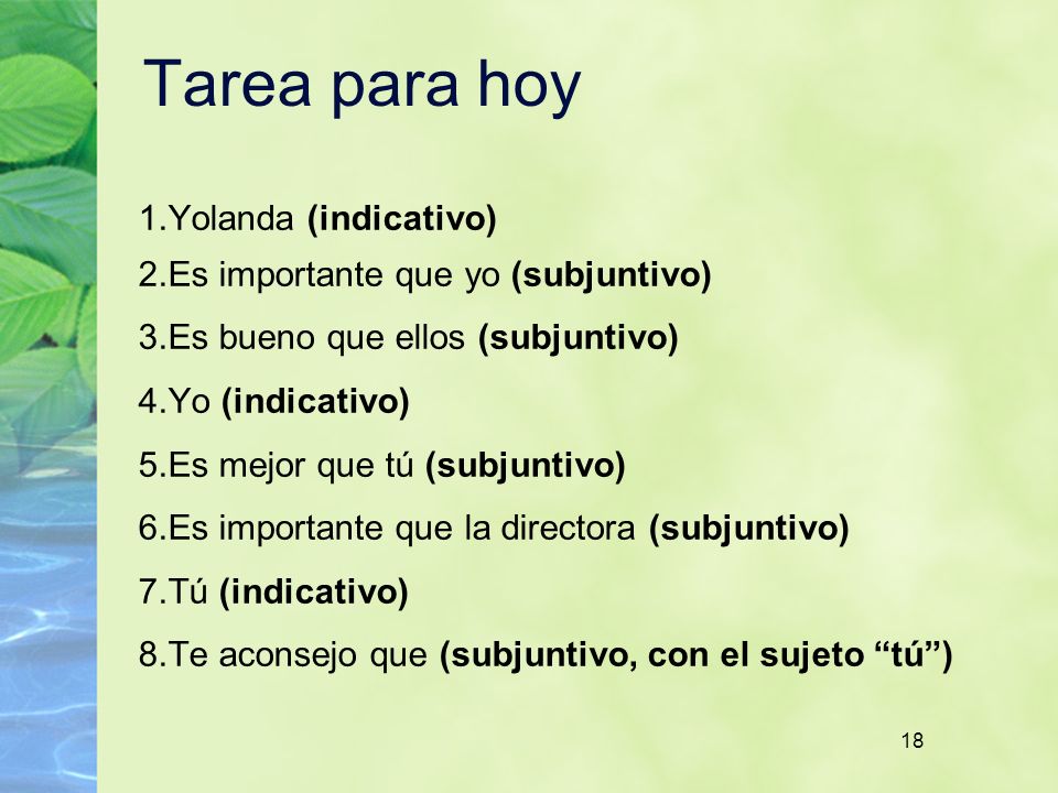 Tarea para hoy Yolanda (indicativo) Es importante que yo (subjuntivo)