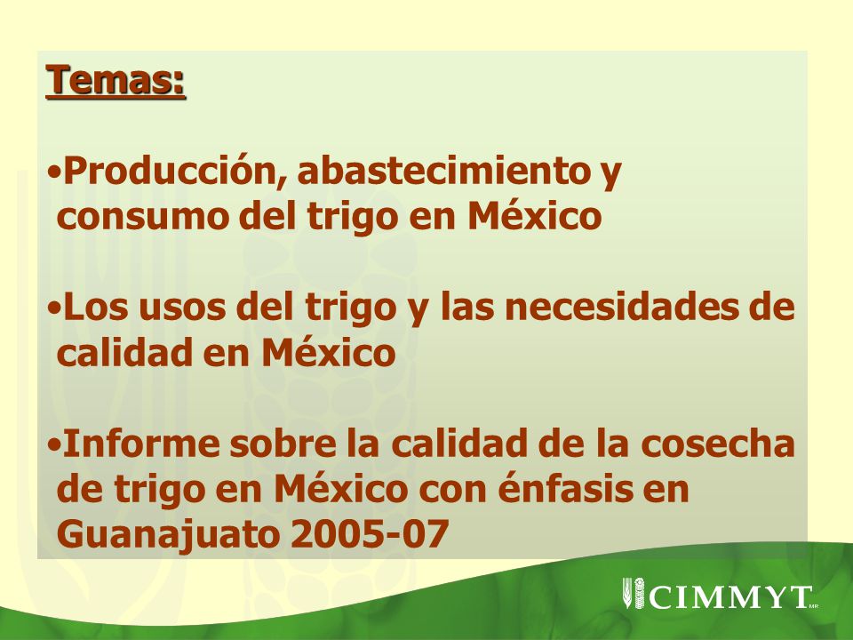 Temas: Producción, abastecimiento y consumo del trigo en México. Los usos del trigo y las necesidades de calidad en México.