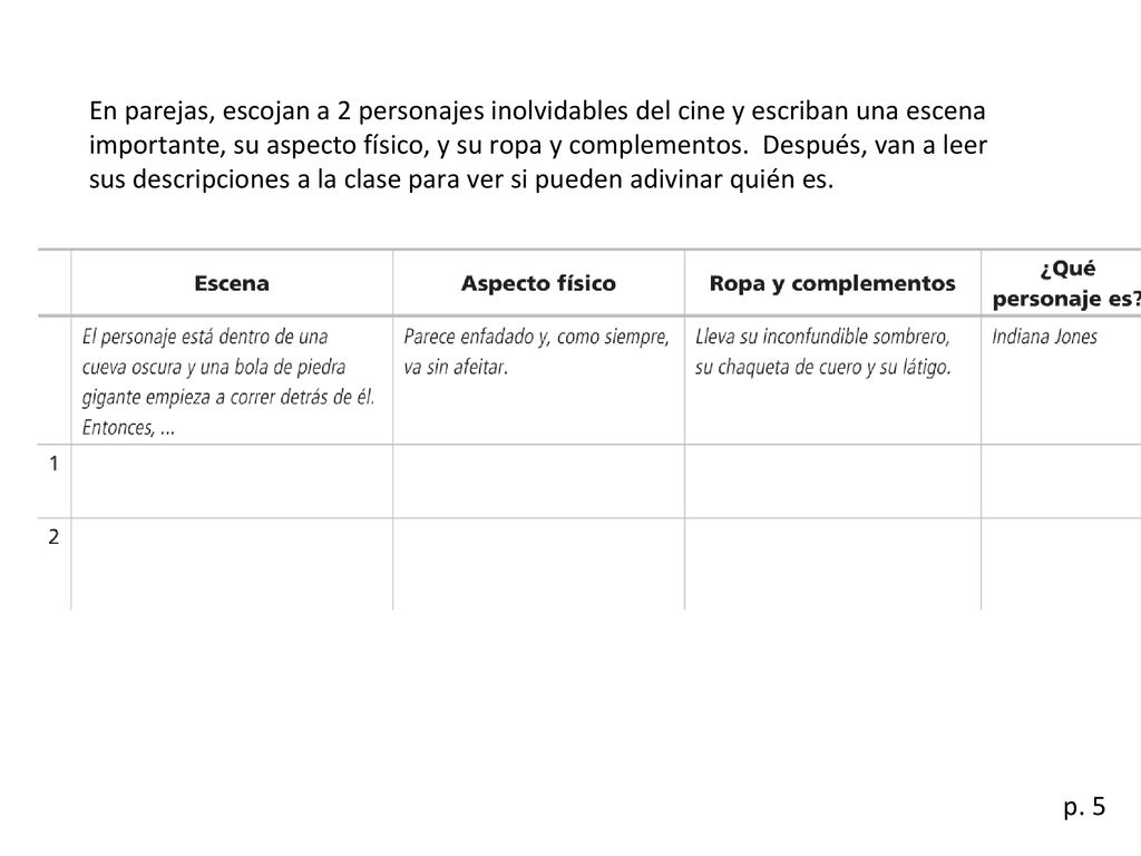 En parejas, escojan a 2 personajes inolvidables del cine y escriban una escena importante, su aspecto físico, y su ropa y complementos. Después, van a leer sus descripciones a la clase para ver si pueden adivinar quién es.