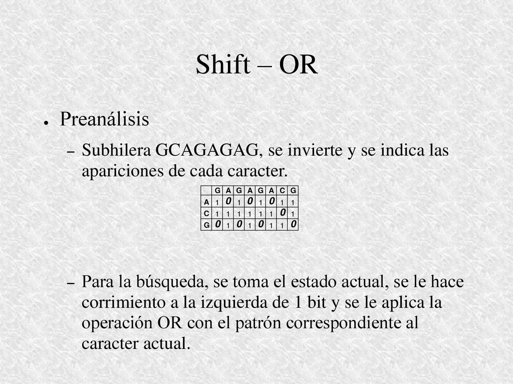 Shift – OR Preanálisis. Subhilera GCAGAGAG, se invierte y se indica las apariciones de cada caracter.