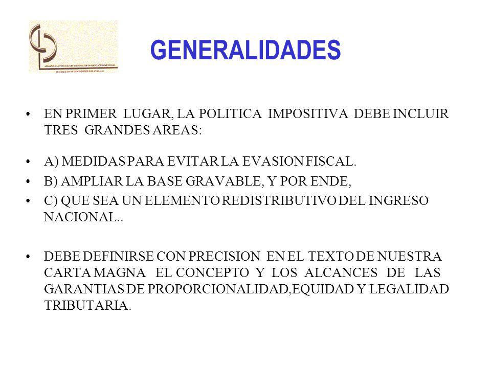GENERALIDADES EN PRIMER LUGAR, LA POLITICA IMPOSITIVA DEBE INCLUIR TRES GRANDES AREAS: A) MEDIDAS PARA EVITAR LA EVASION FISCAL.