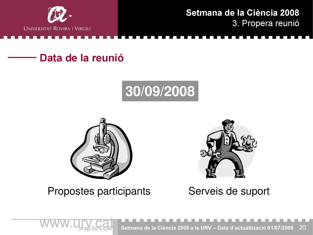 30/09/2008 Data de la reunió Propostes participants Serveis de suport
