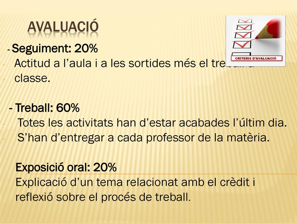 Avaluació Actitud a l’aula i a les sortides més el treball a classe.