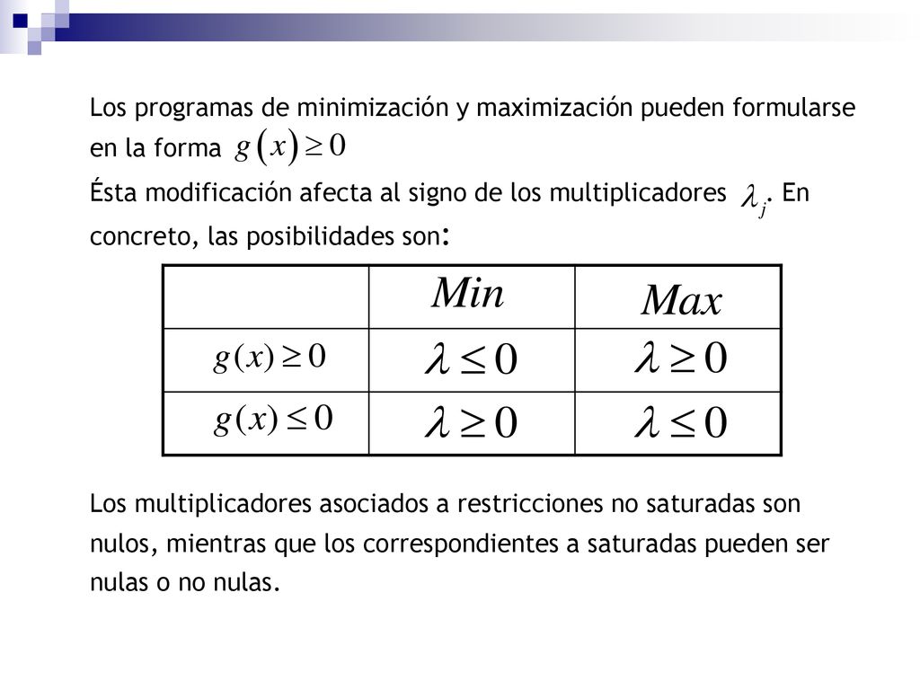 Los programas de minimización y maximización pueden formularse en la forma