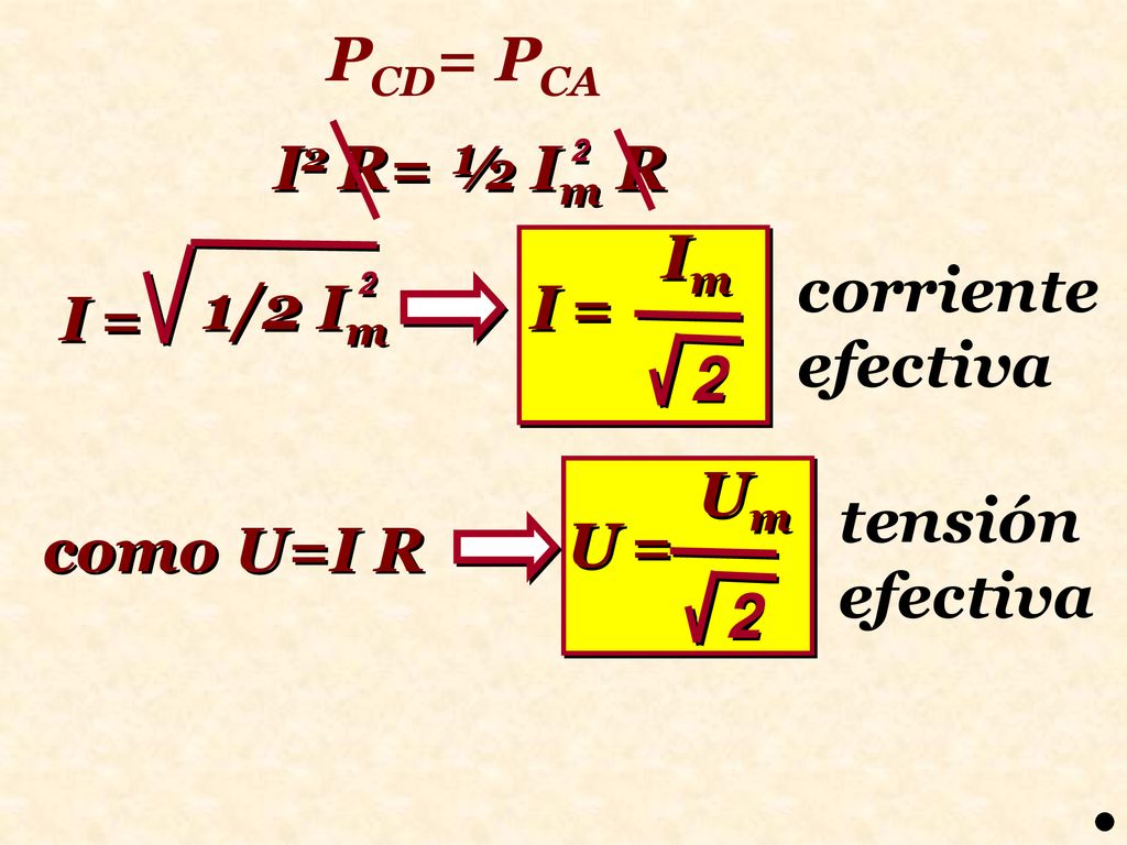 PCD= PCA I2 R= ½ Im R I = Im 2 I = 1/2 Im corriente efectiva U = Um 2