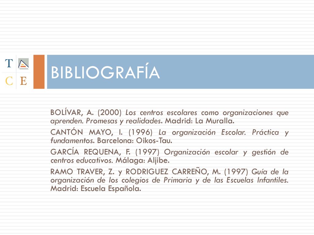 BIBLIOGRAFÍA BOLÍVAR, A. (2000) Los centros escolares como organizaciones que aprenden. Promesas y realidades. Madrid: La Muralla.