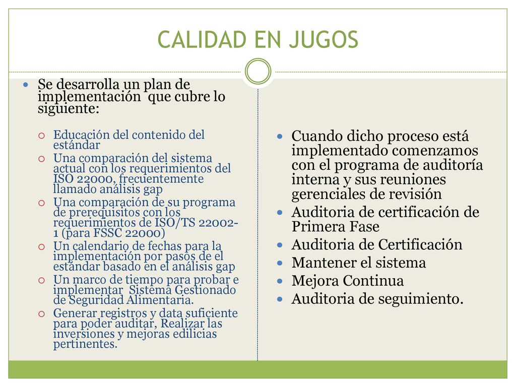 CALIDAD EN JUGOS Se desarrolla un plan de implementación que cubre lo siguiente: Educación del contenido del estándar.