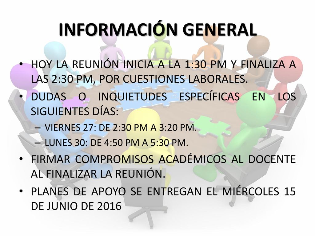 INFORMACIÓN GENERAL HOY LA REUNIÓN INICIA A LA 1:30 PM Y FINALIZA A LAS 2:30 PM, POR CUESTIONES LABORALES.