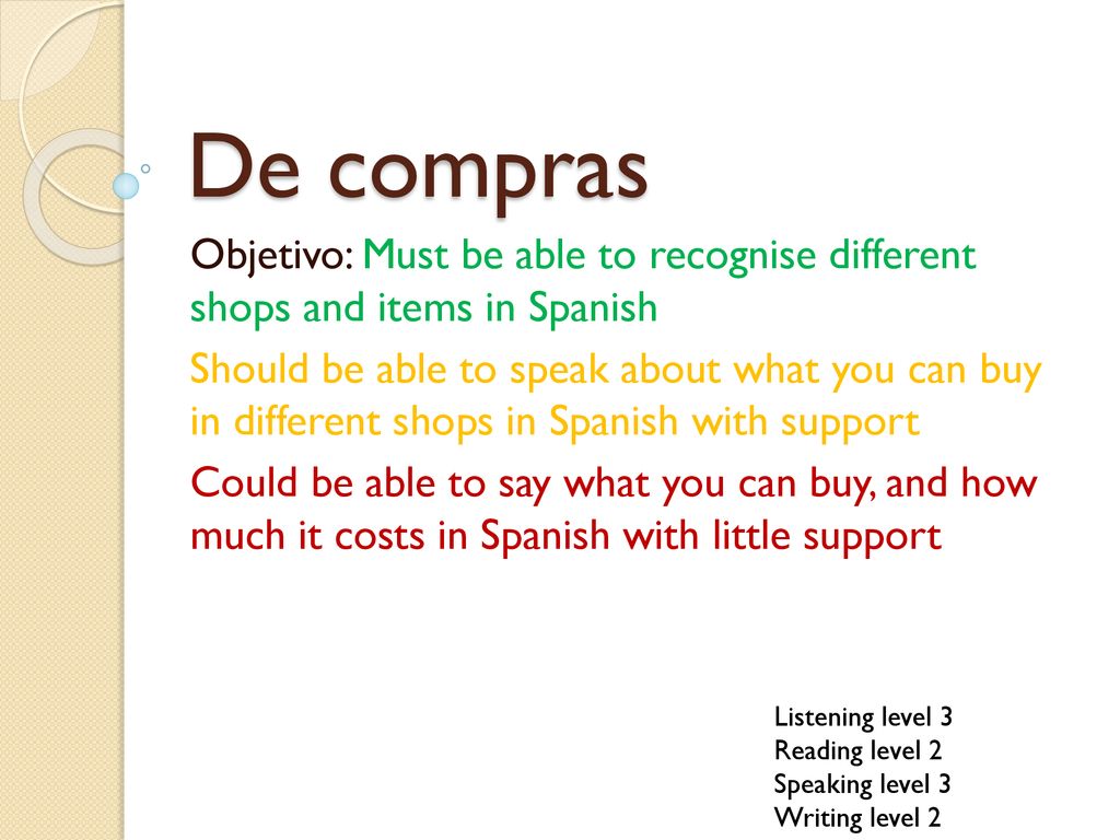 De compras Objetivo: Must be able to recognise different shops and items in Spanish.